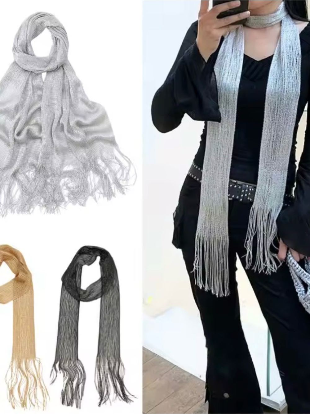 Light Beige Fringe Knit Scarf - Black Tone Accessories